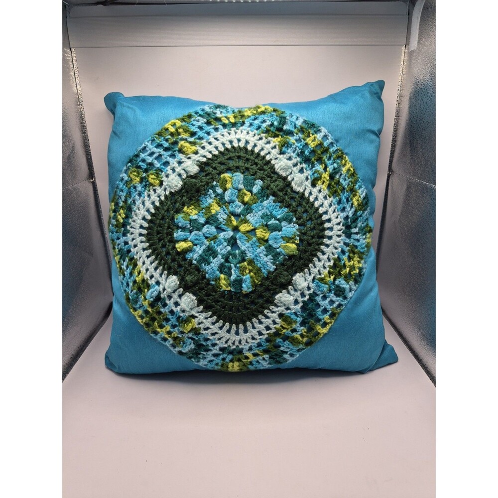 Crochet Granny Square Floral Boho Mandala Pillow Teal Green Yellow 16"